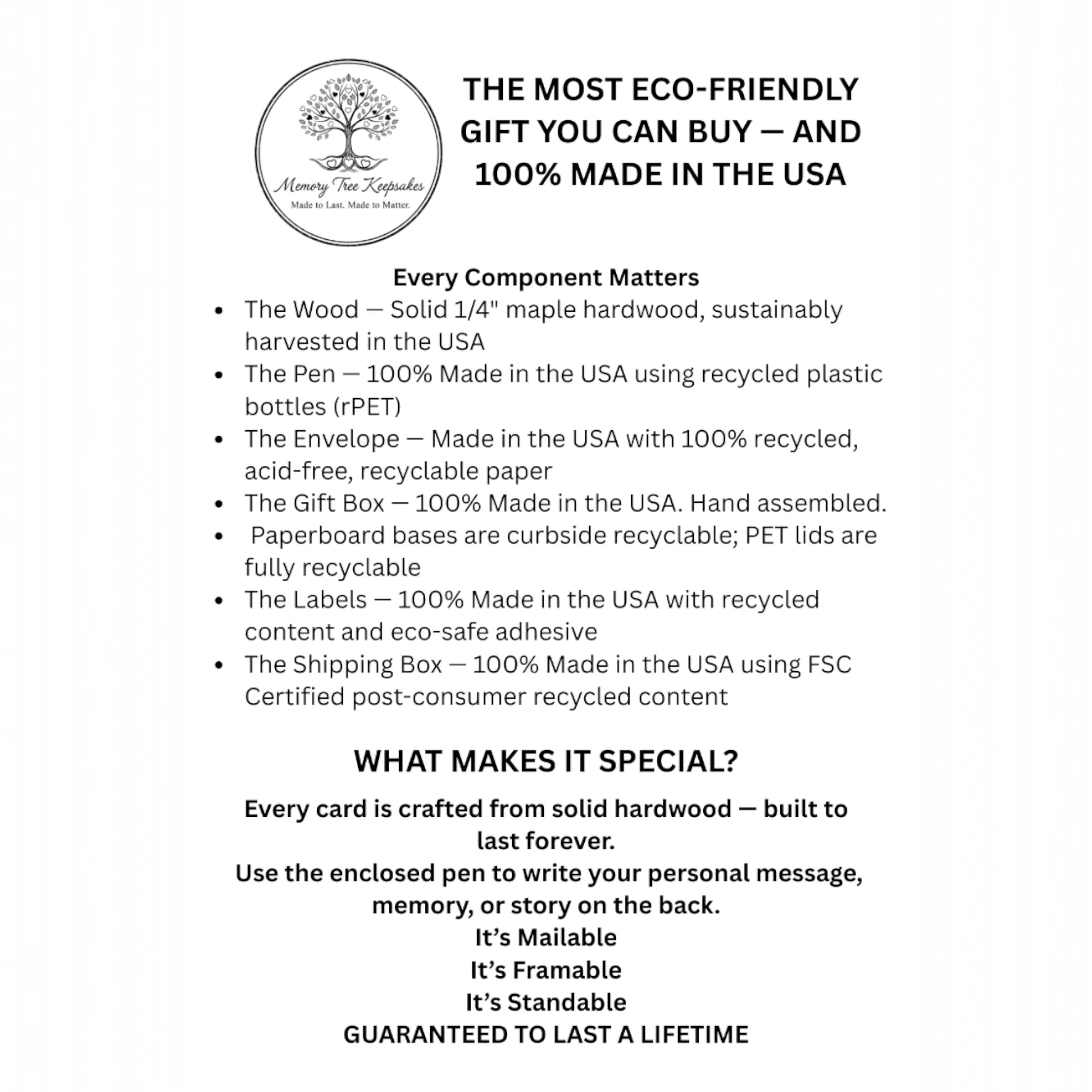 Eco-friendly gift set description with tree logo and text on a white background