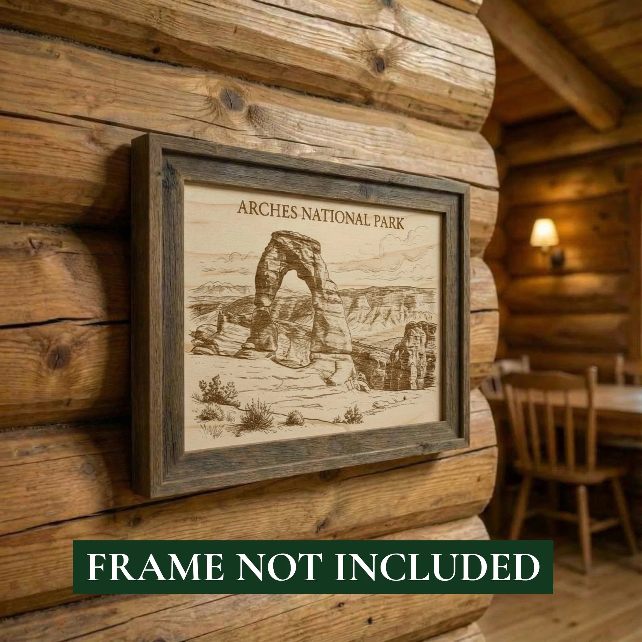 Framed artwork of Arches National Park on a wooden wall with 'Frame Not Included' text.