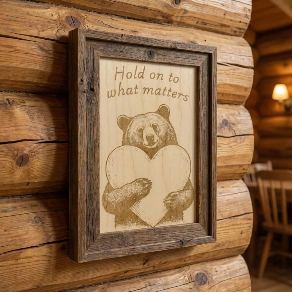 Wooden framed picture with bear holding a heart and text 'Hold on to what matters' on a wooden wall.