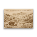 Wooden plaque with engraved landscape of Great Smoky Mountains National Park featuring bears and mountains.