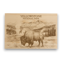 Wooden plaque with engraved image of a bison and mountains, featuring 'Yellowstone National Park' text.