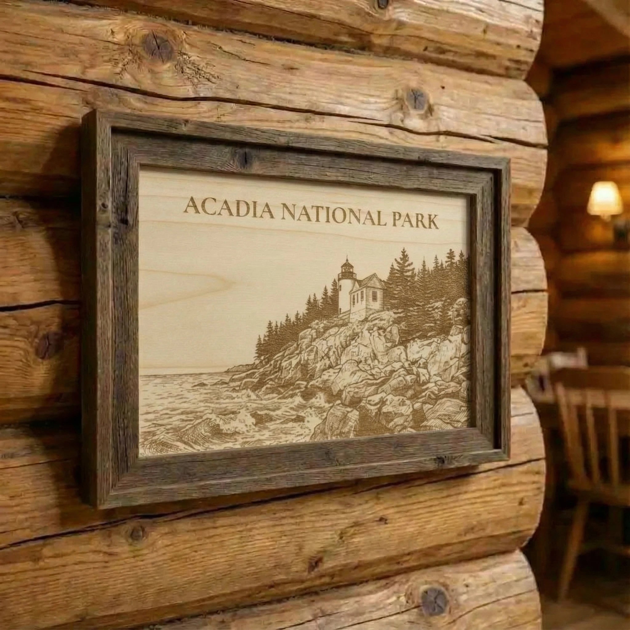 Wooden plaque with 'Acadia National Park' design on a log cabin wall.