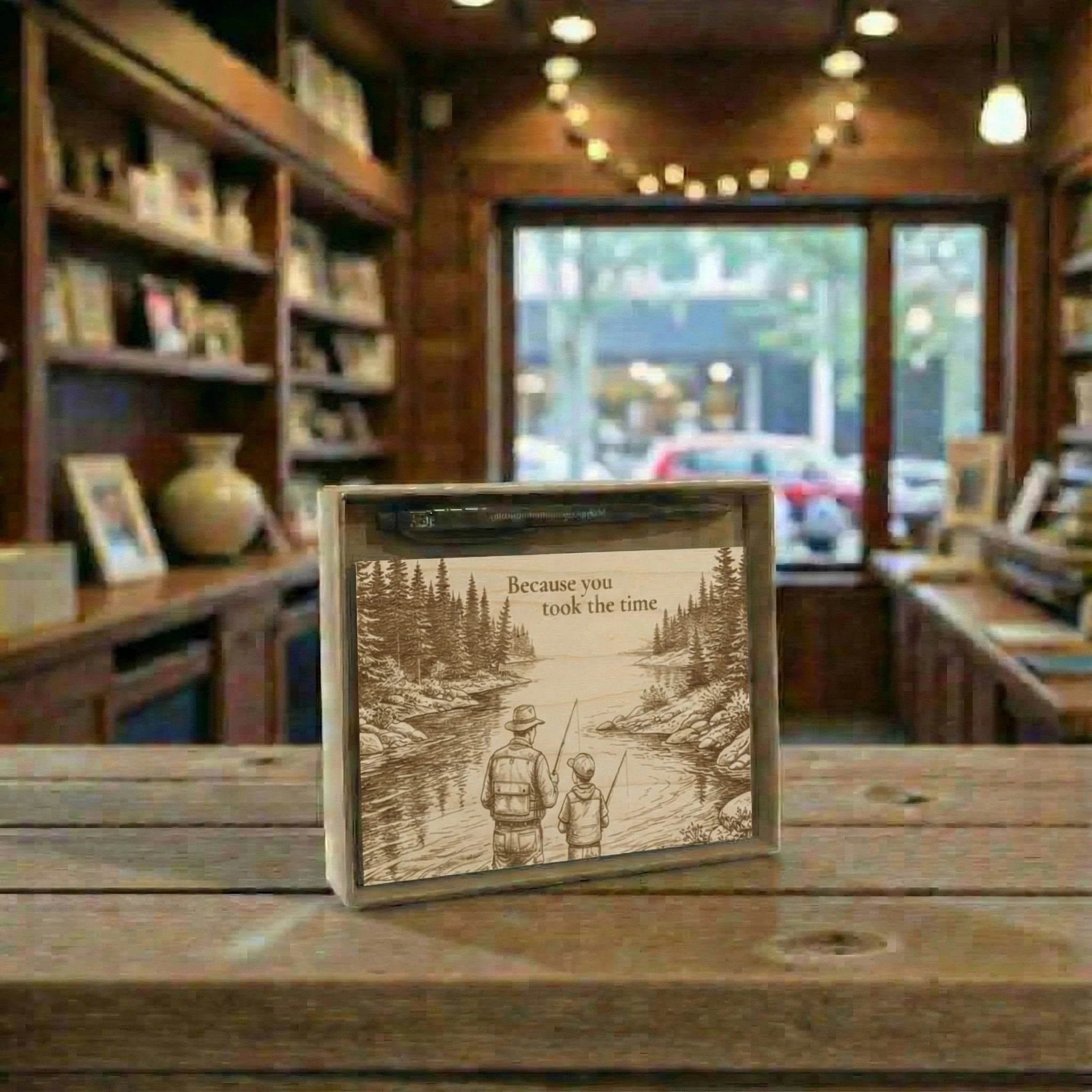 Engraved wooden plaque with a father and son fishing illustration on a wooden table.