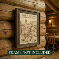 Framed print of Bryce Canyon National Park on a wooden wall with 'Frame Not Included' text.