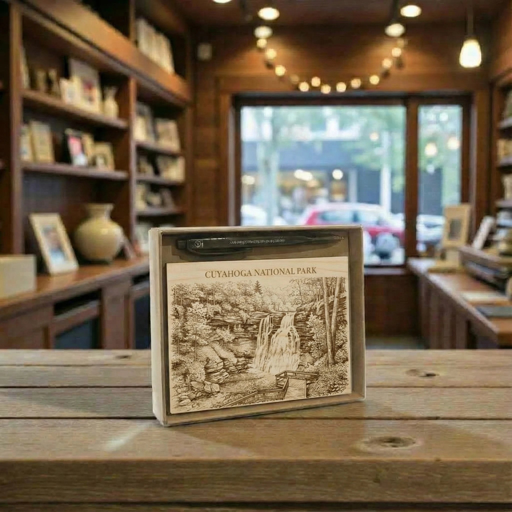 Wooden box with Cuyahoga National Park design on a wooden table in a store setting.