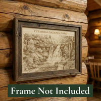Framed print of Cuyahoga National Park on a wooden wall with text 'Frame Not Included'.
