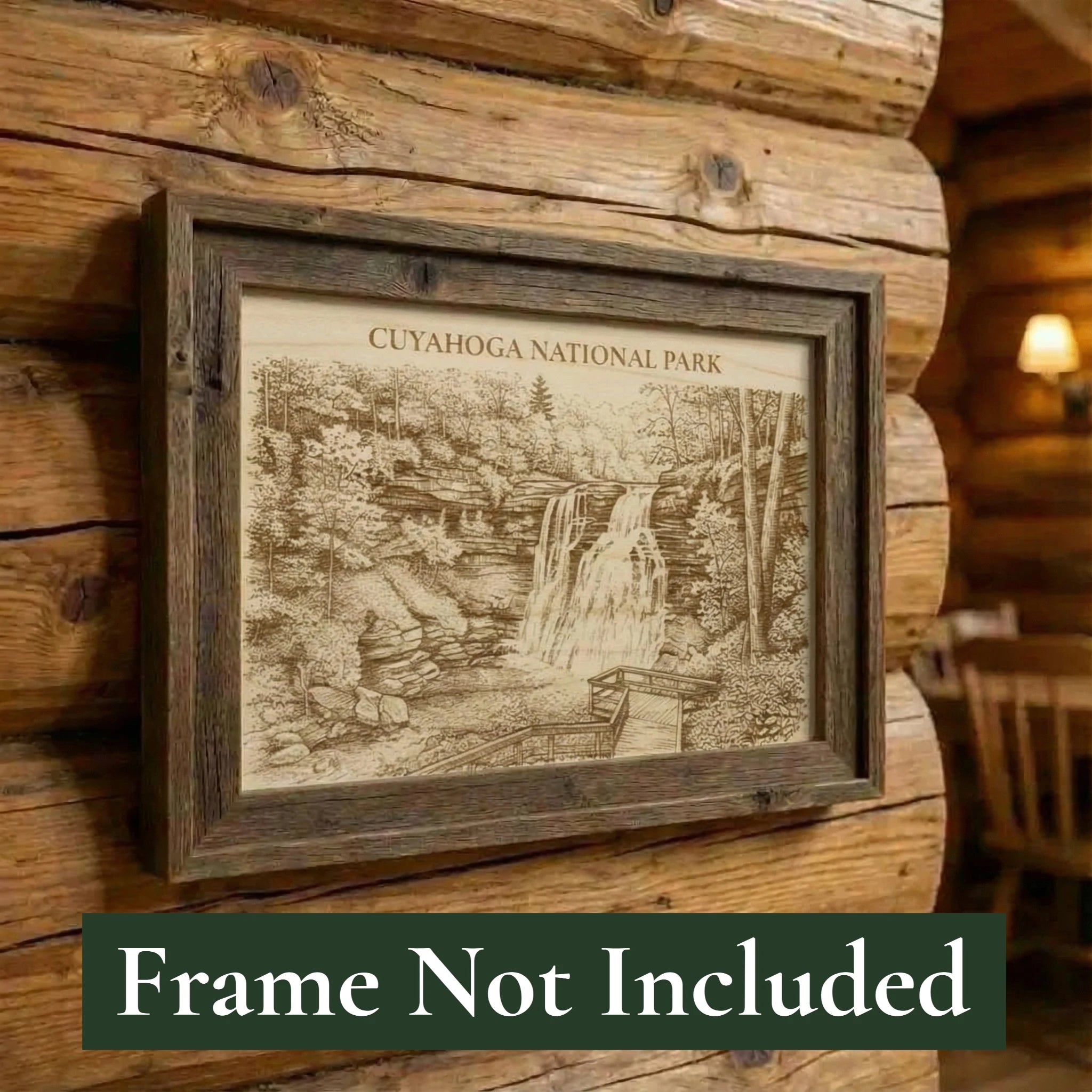Framed print of Cuyahoga National Park on a wooden wall with text 'Frame Not Included'.