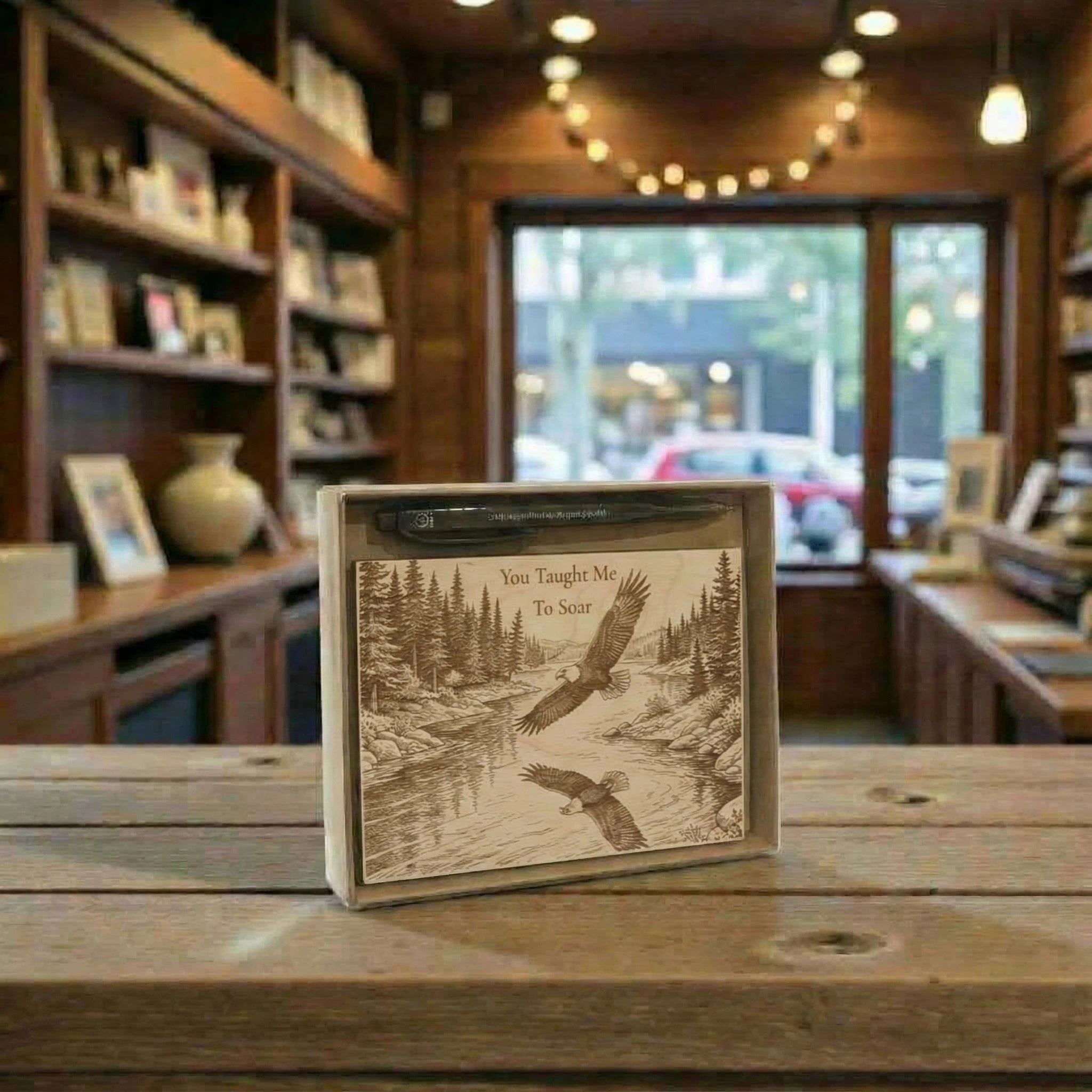 Decorative box with engraved design of eagles and nature scene on a wooden table.