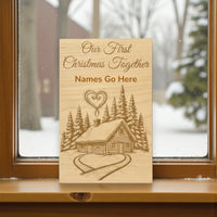 our first christmas together personalized wood card on windowsill