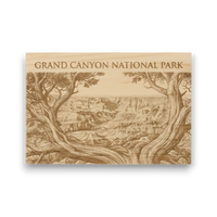 Wooden plaque with engraved map of Grand Canyon National Park on a white background
