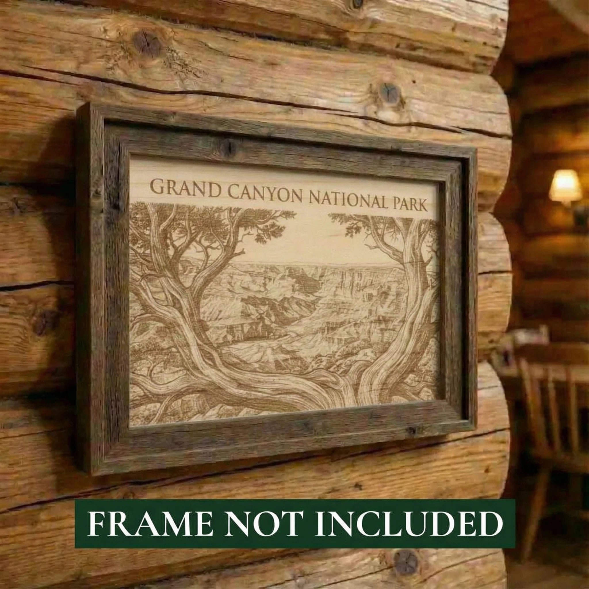 Framed map of Grand Canyon National Park on a wooden wall with 'Frame Not Included' text.