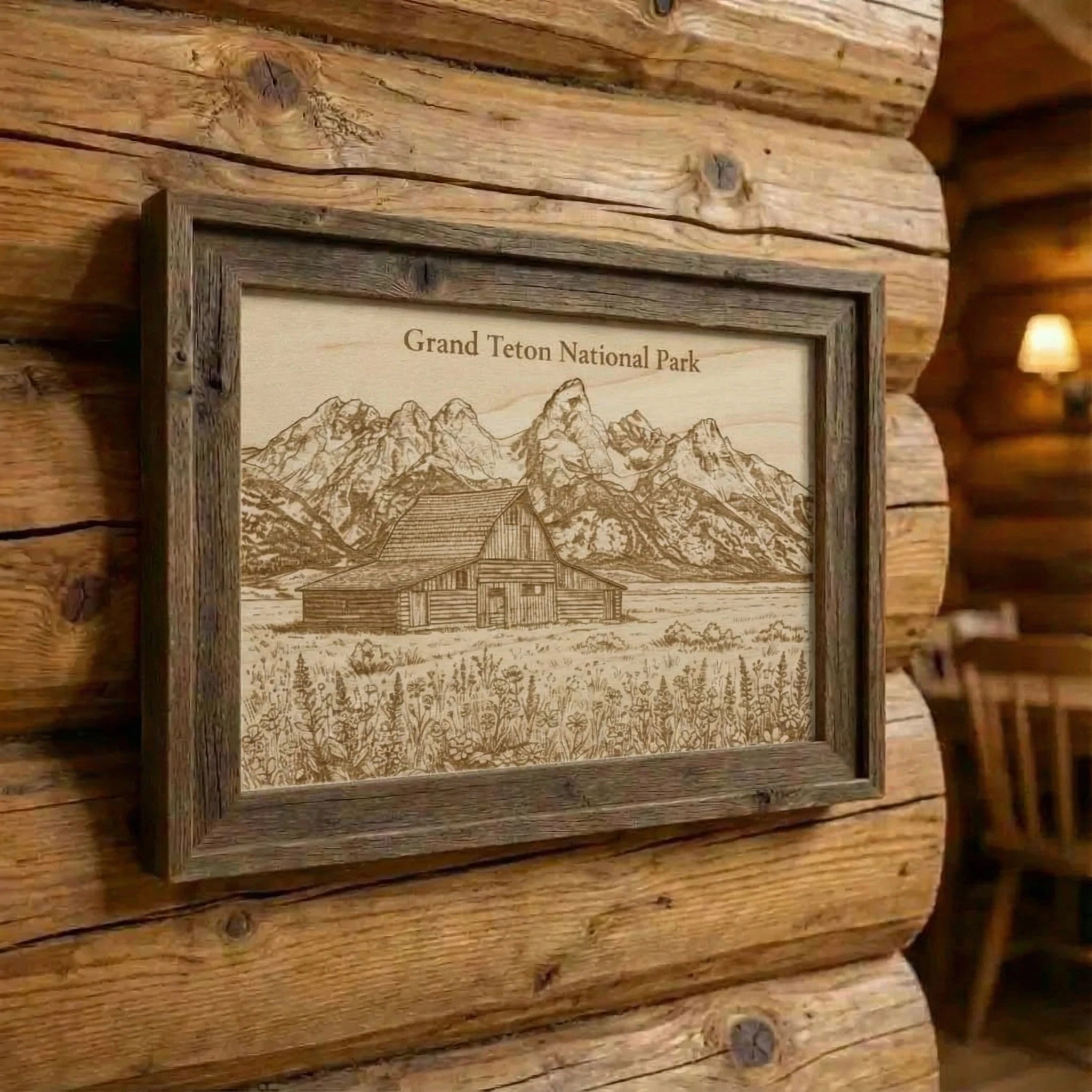 Framed artwork of Grand Teton National Park on a wooden wall.