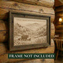 Framed print of a bear and cubs in a mountainous landscape on a wooden wall, with text 'Great Smoky Mountains National Park'.