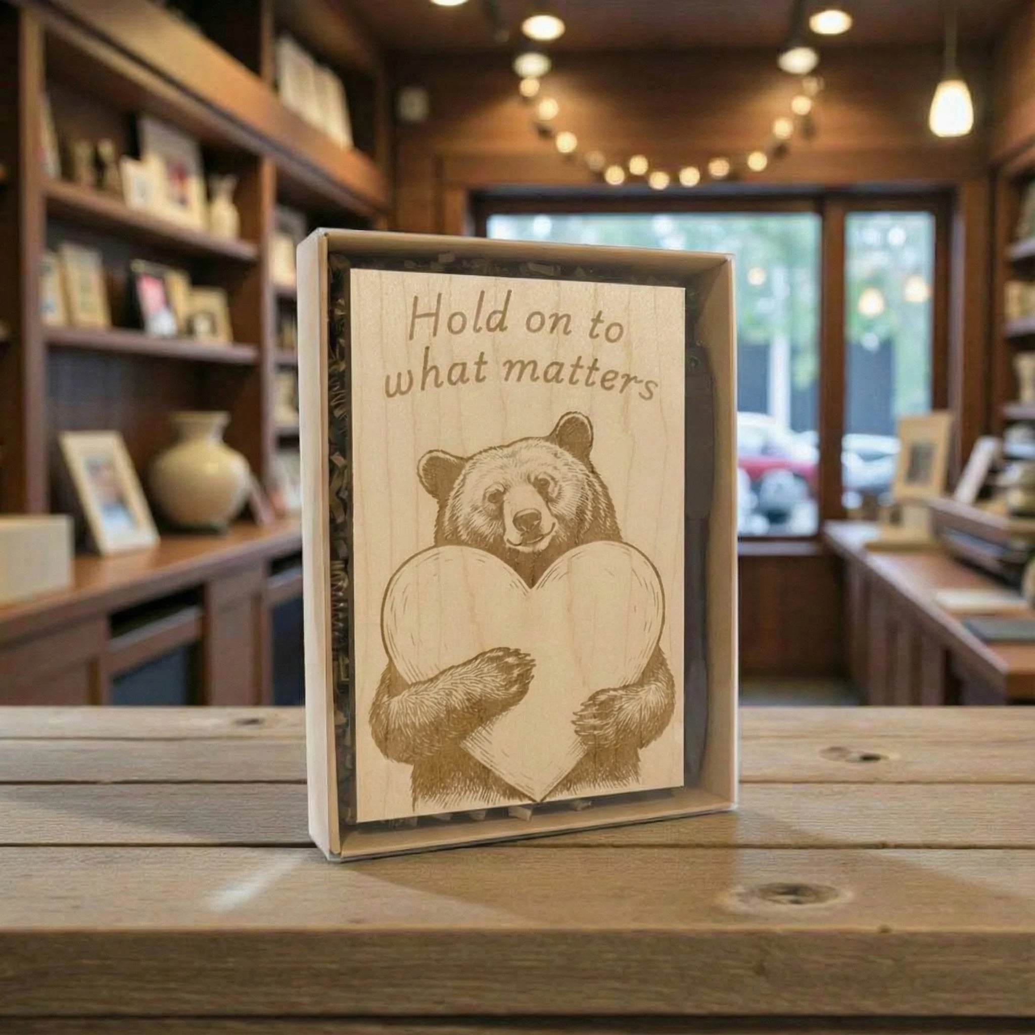 Wooden plaque with bear holding a heart and text 'Hold on to what matters' on a wooden table.