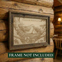 Framed artwork of a bird and nest on a wooden wall 