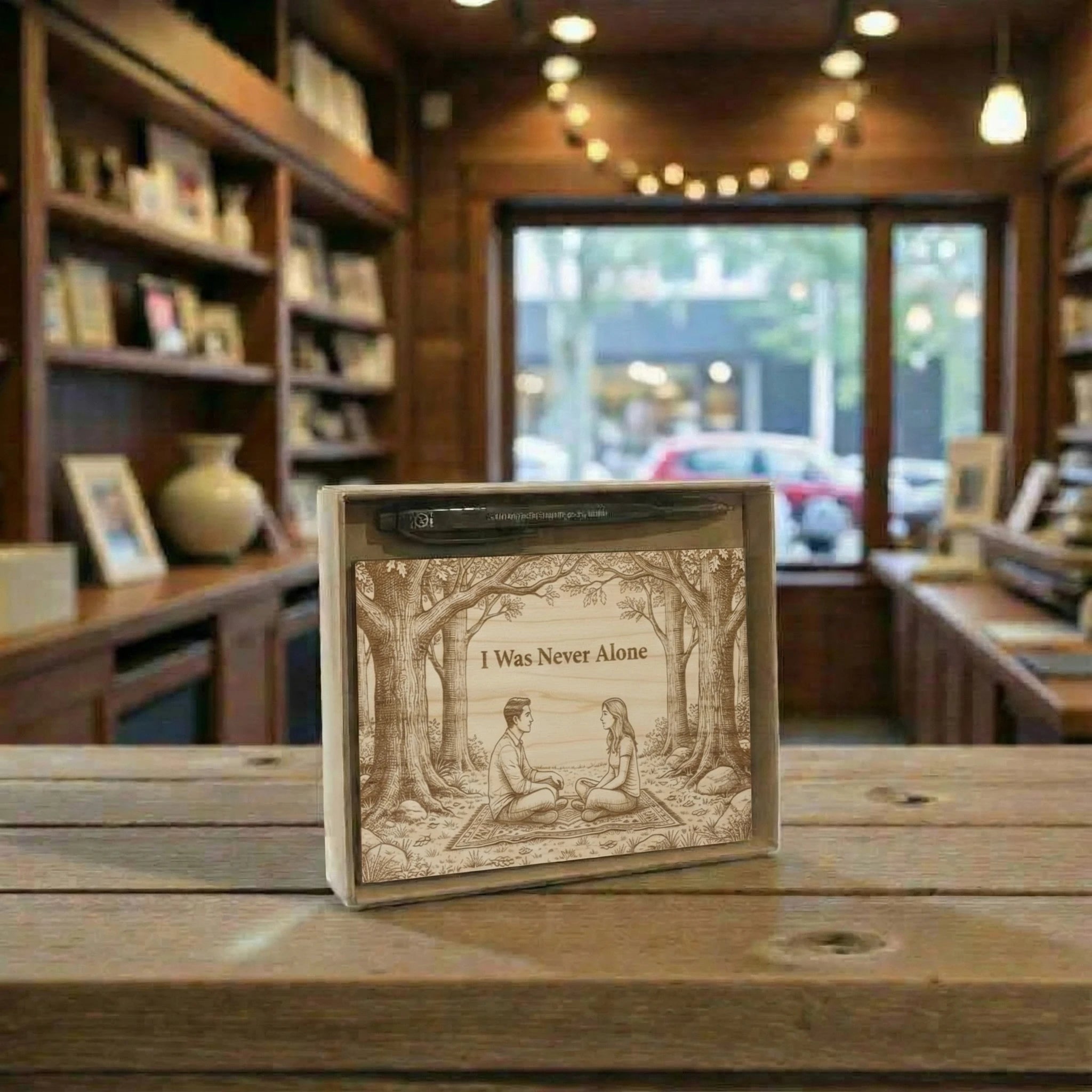 Wooden box with engraved design and text on a wooden table in a cozy indoor setting.