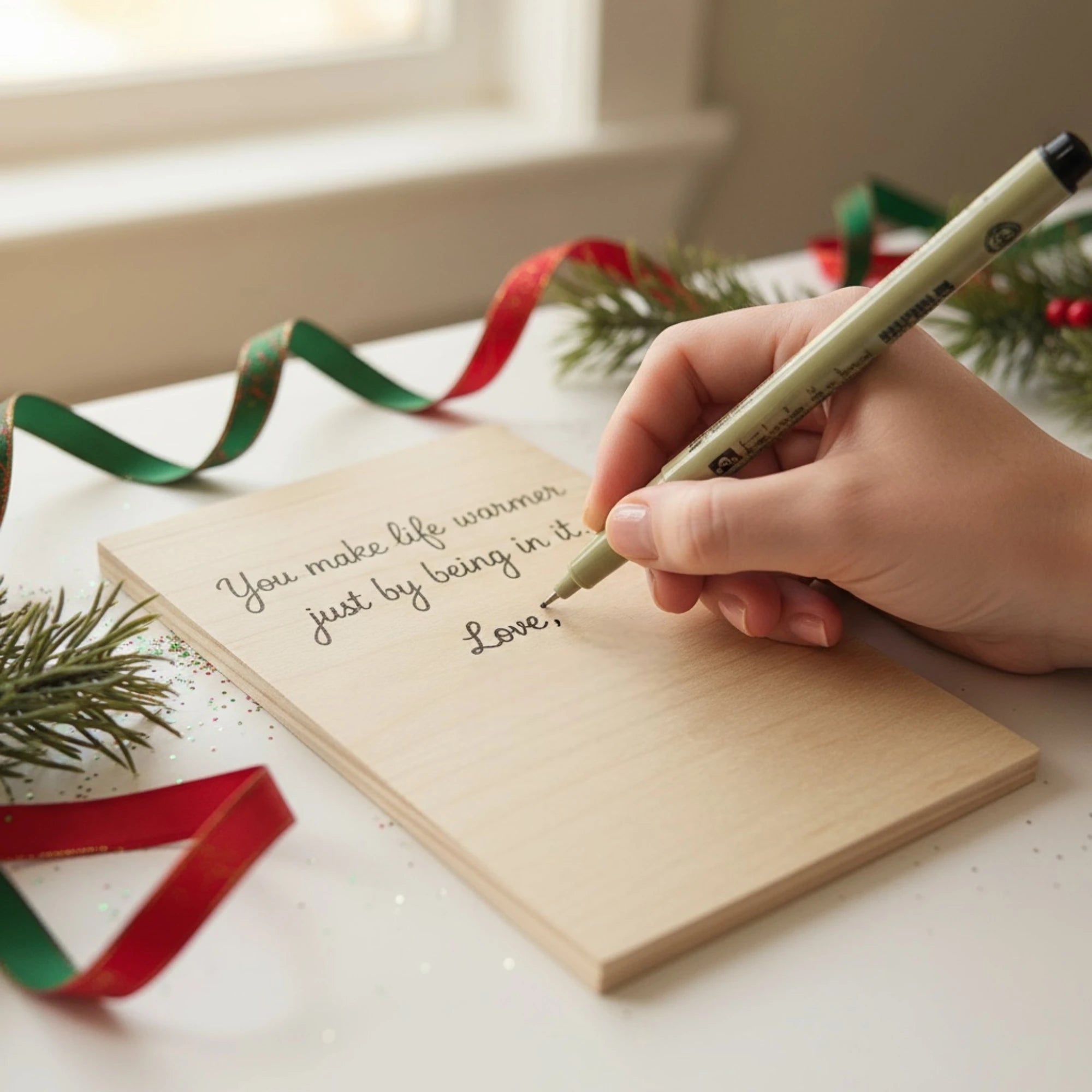 Hand writing a message on a wooden board with Christmas decorations in the background