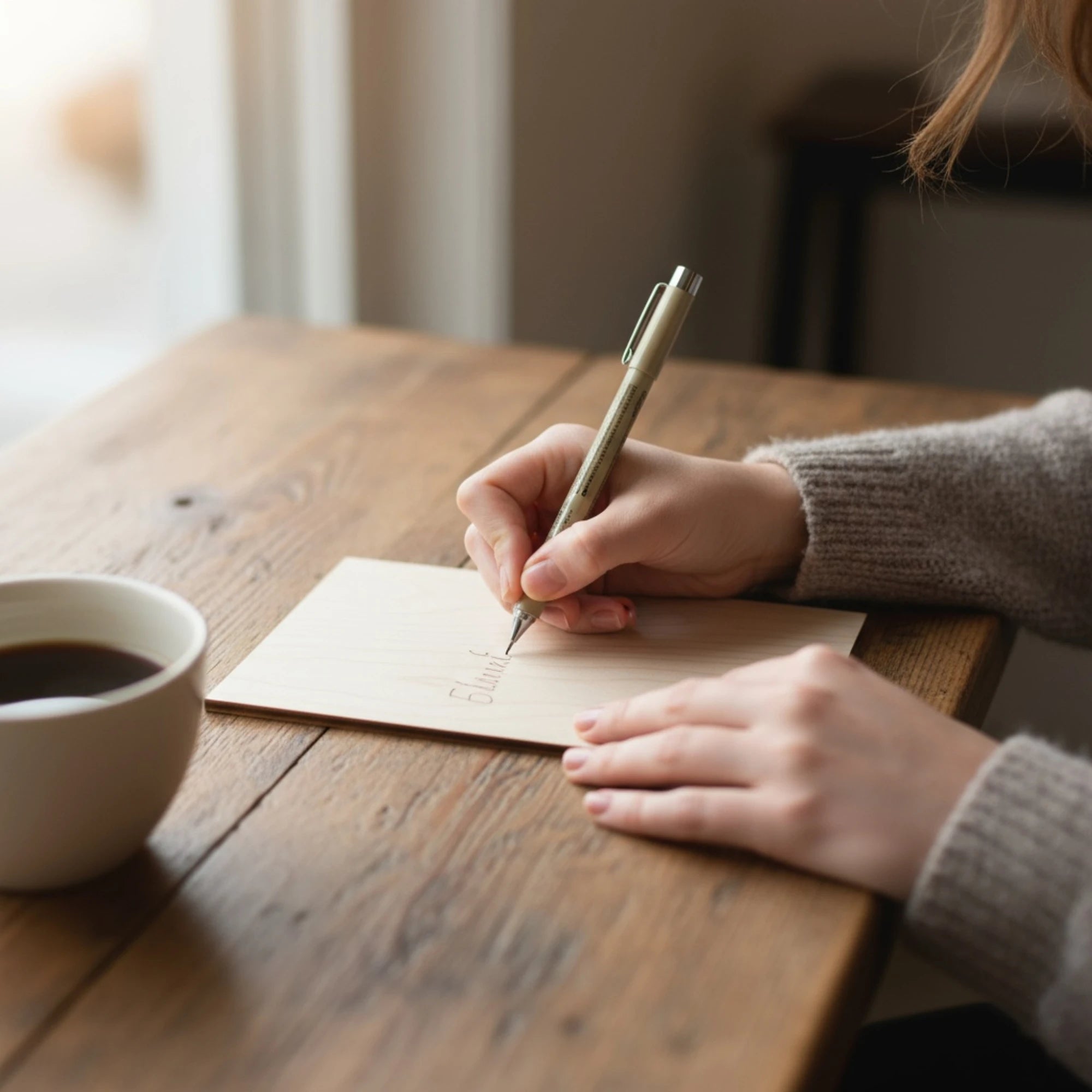 Person writing on a greeting card made of maple wood with a pen at a wooden table, next to a cup of coffee.