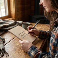 Person writing memories on a wooden card with a mug and plaid blanket in the background