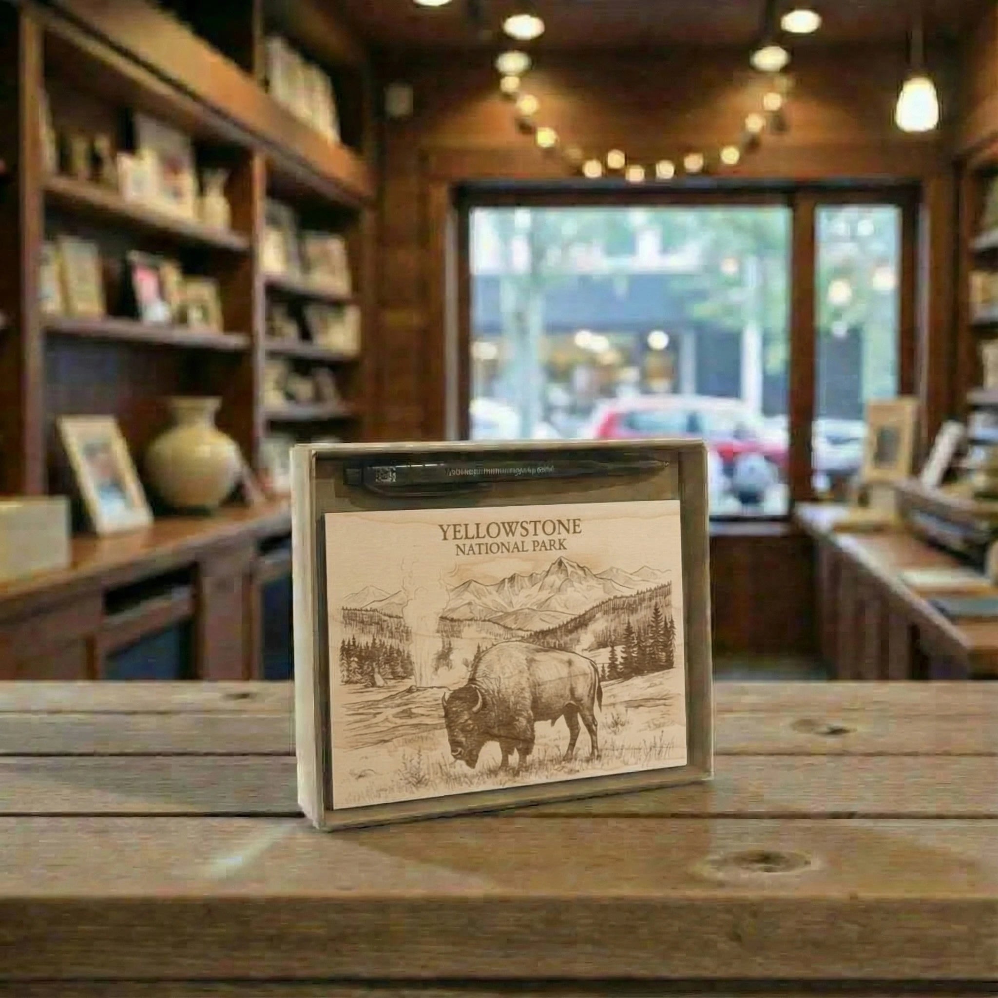 Yellowstone National Park-themed product on a wooden table with a blurred indoor background