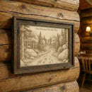 Framed artwork of a forest scene with a path on a wooden wall.