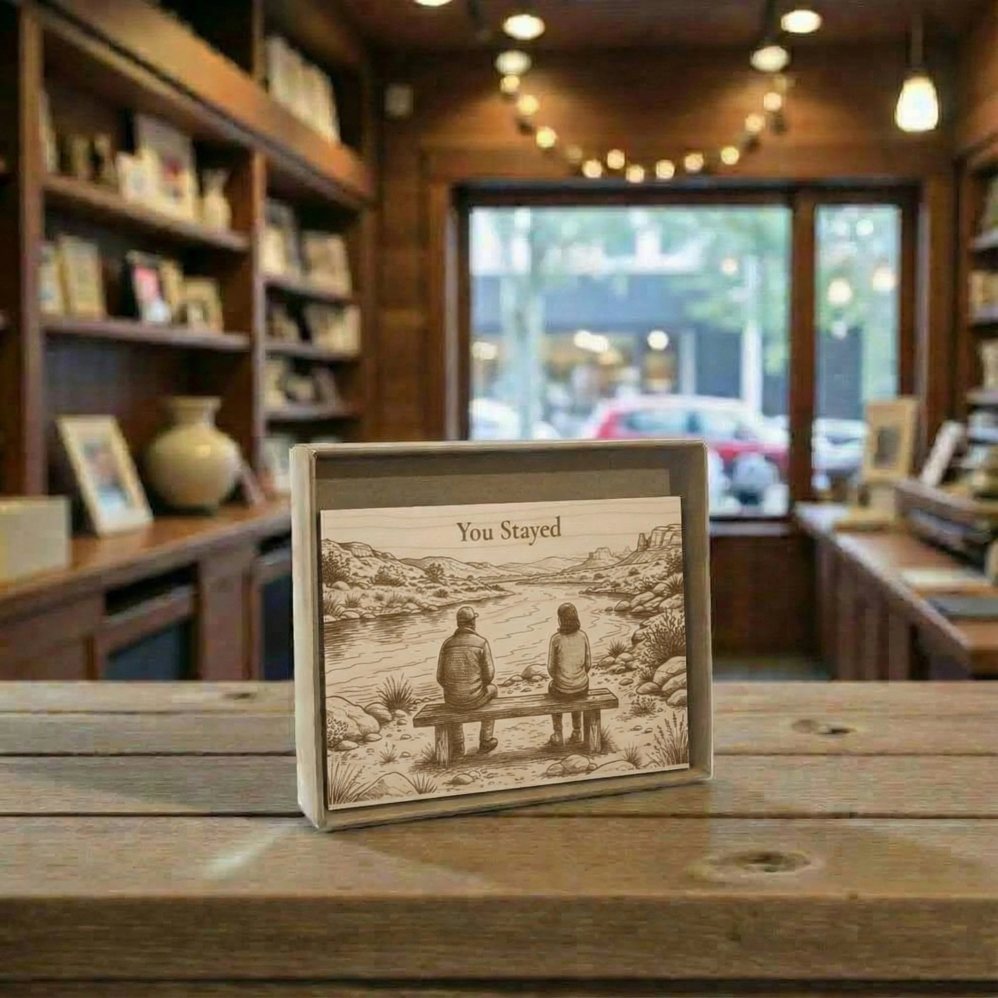 Engraved card with a scenic illustration of two people on a bench in a store setting.