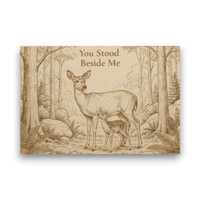 Wooden plaque with deer illustration and 'You Stood Beside Me' text in a forest setting