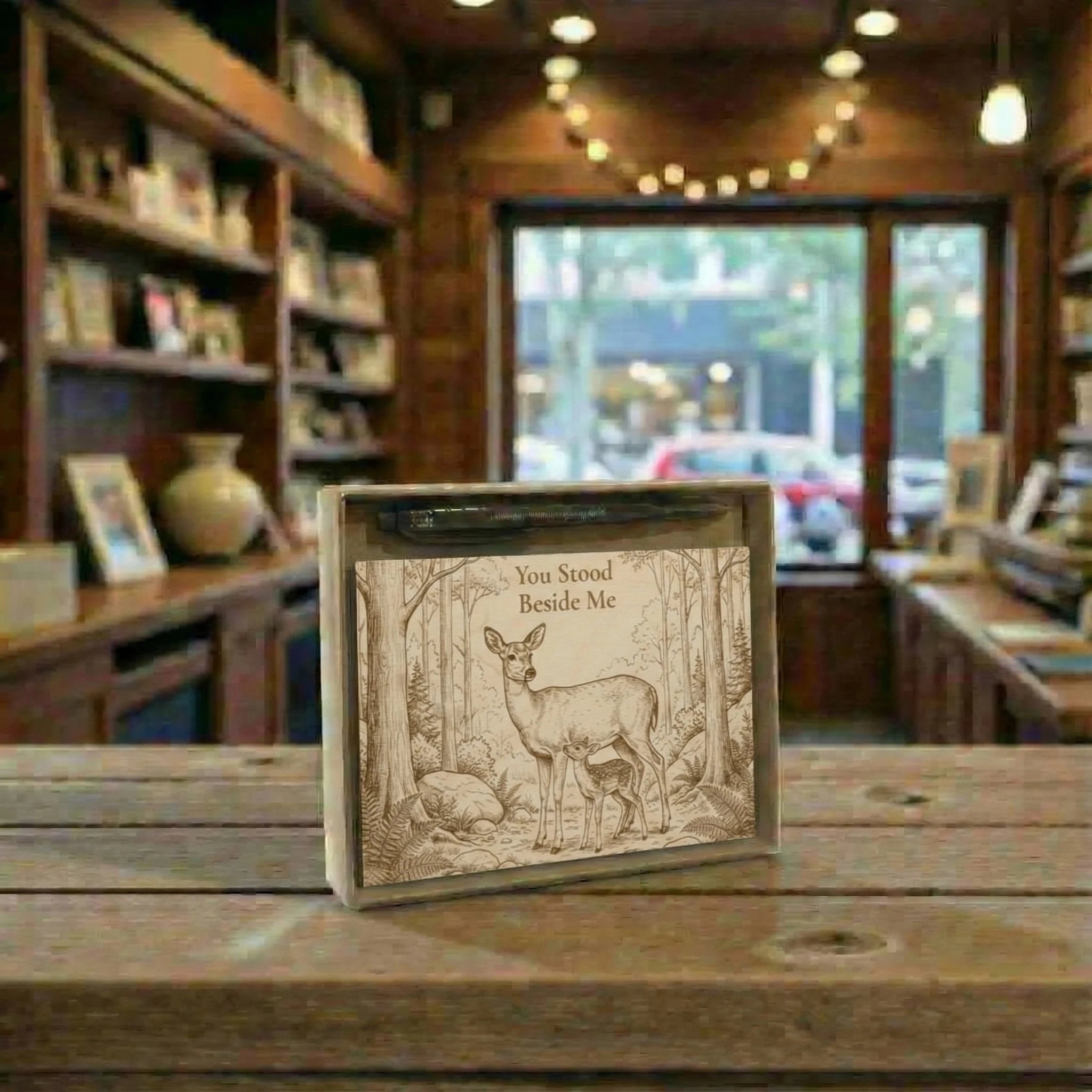 Engraved wooden box with deer design on a wooden table in a cozy room.
