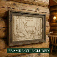 Wooden wall art with deer design and text 'You Stood Beside Me' on a log cabin wall, with a note that the frame is not included.